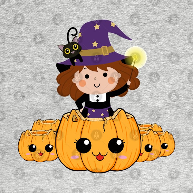 Cute little halloween witch with pumpkin and black cat by DMS DESIGN